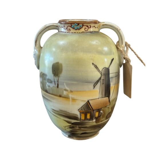 Vintage Nippon Vase Moriage Hand Painted Urn Style Landscape Mill Art Nouveau - Picture 1 of 4